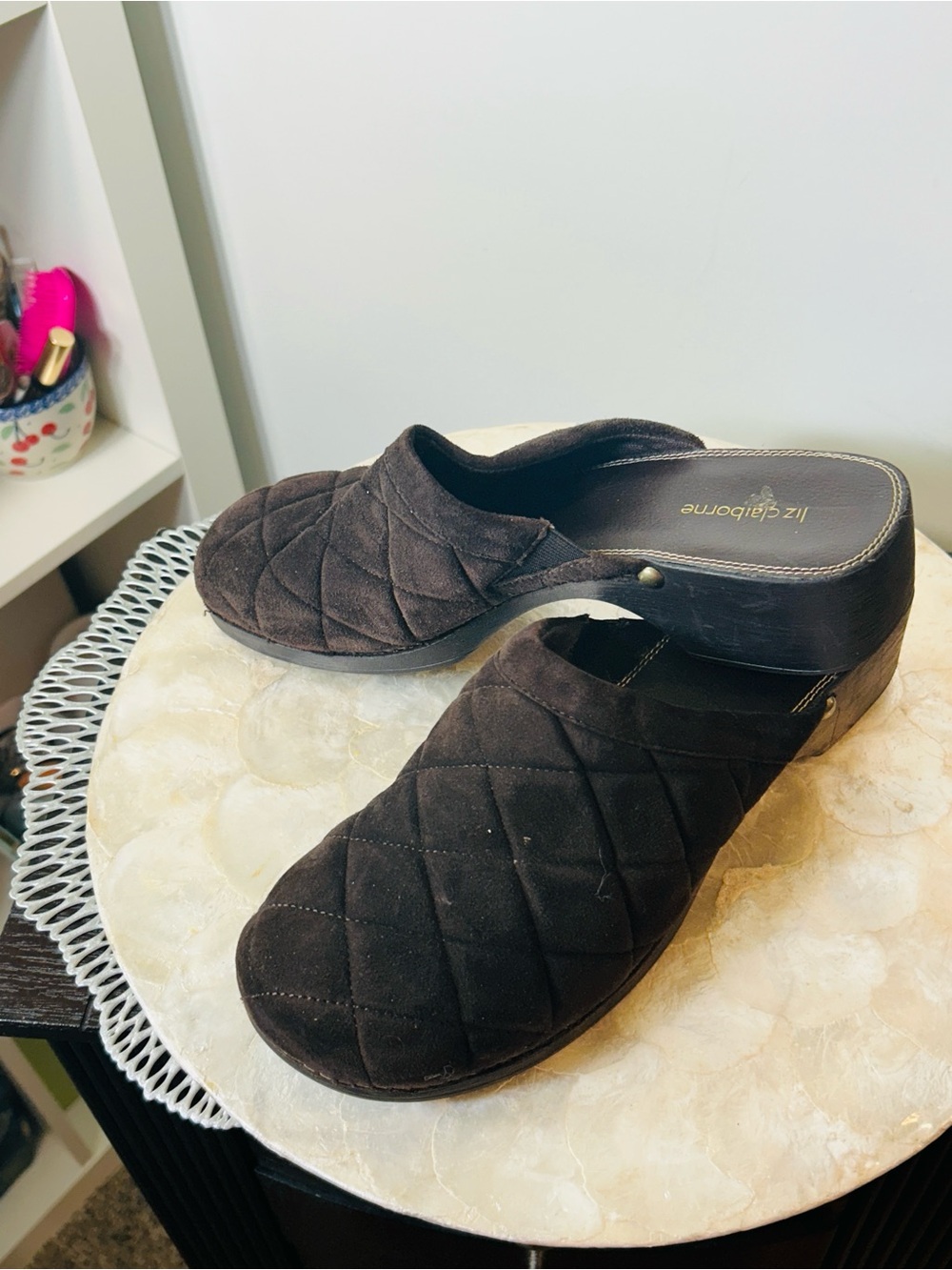 Liz Claiborne Brown Quilted Suede Mule Clogs